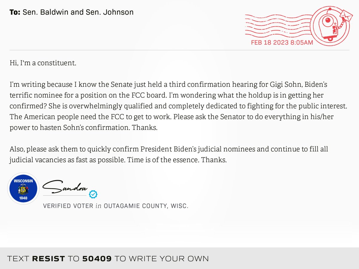 openletterbot's tweet photo. π¬ I delivered this βοΈ from Sandra, a π³ verified voter in Appleton, Wis., to @SenatorBaldwin and @SenRonJohnson #WI8 #WIpolitics π Write your own: https://t.co/z5540KoPID https://t.co/54ilhIEtZo