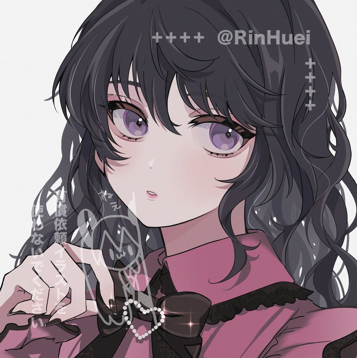 1girl solo purple eyes black hair black nails shirt looking at viewer  illustration images