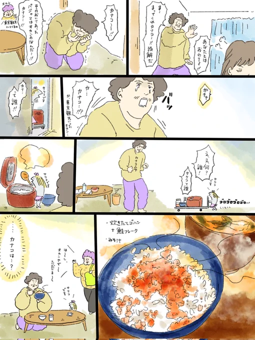 疲れた人に夜食を届ける出前店224
炊きたてご飯と鮭フレークとカナコ🐟️ 