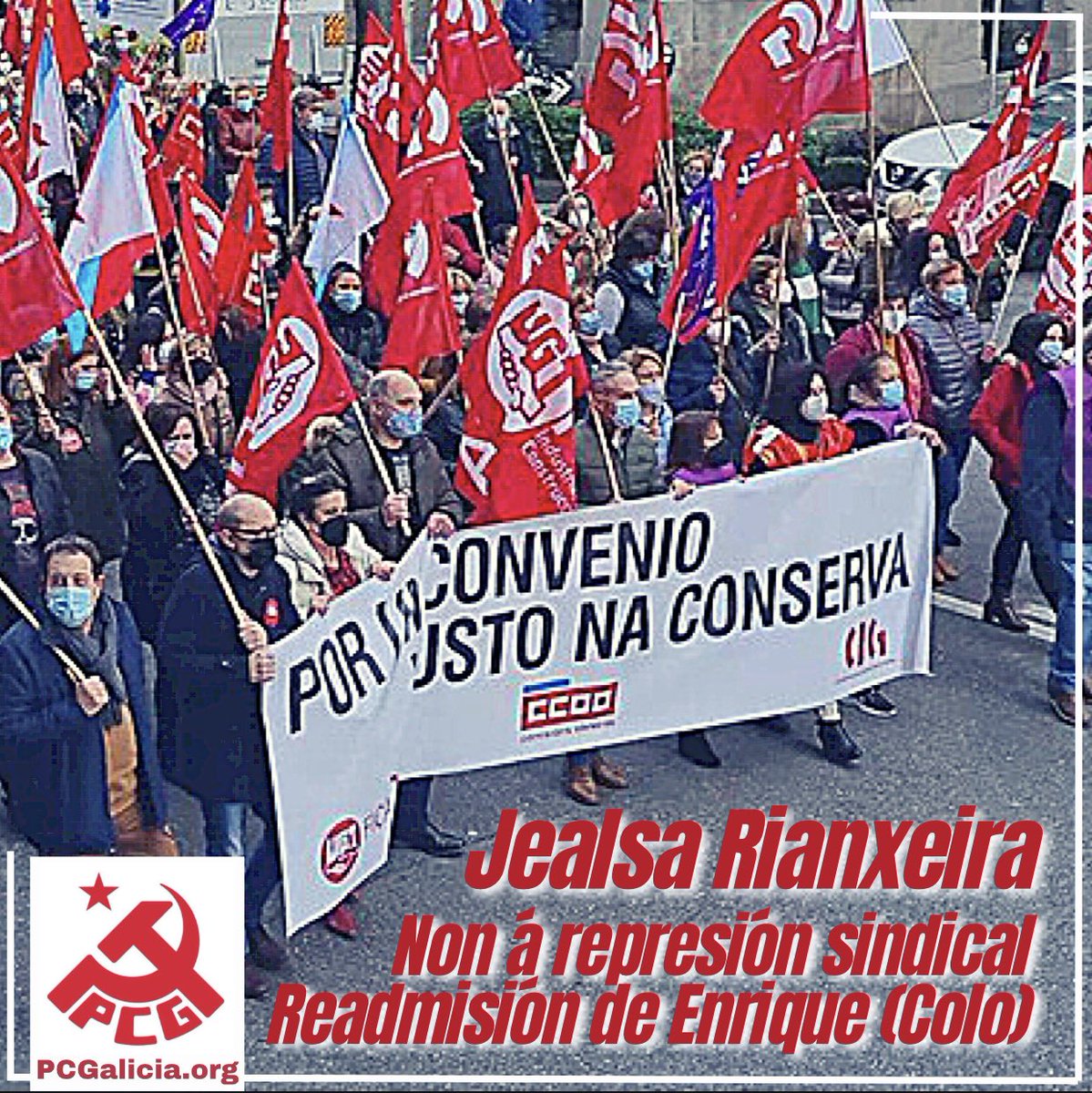 Contra a represión sindical en <a href="/Escuris/">Jealsa Rianxeira,SA</a>! No PCG esiximos a inmediata readmisión de Enrique Reino (coñecido como #Colo) ó seu traballo. Animamos a toda a veciñanza de Boiro e o Barbanza á mobilización en apoio ó traballador. 
Viva a loita da clase obreira!
Nin un paso atrás!