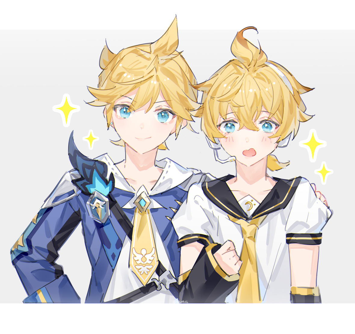 kagamine len yellow necktie blonde hair necktie male focus multiple boys 2boys blue eyes  illustration images