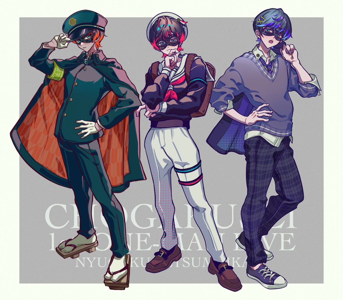 3boys pants multiple boys male focus hat school uniform blue hair  illustration images