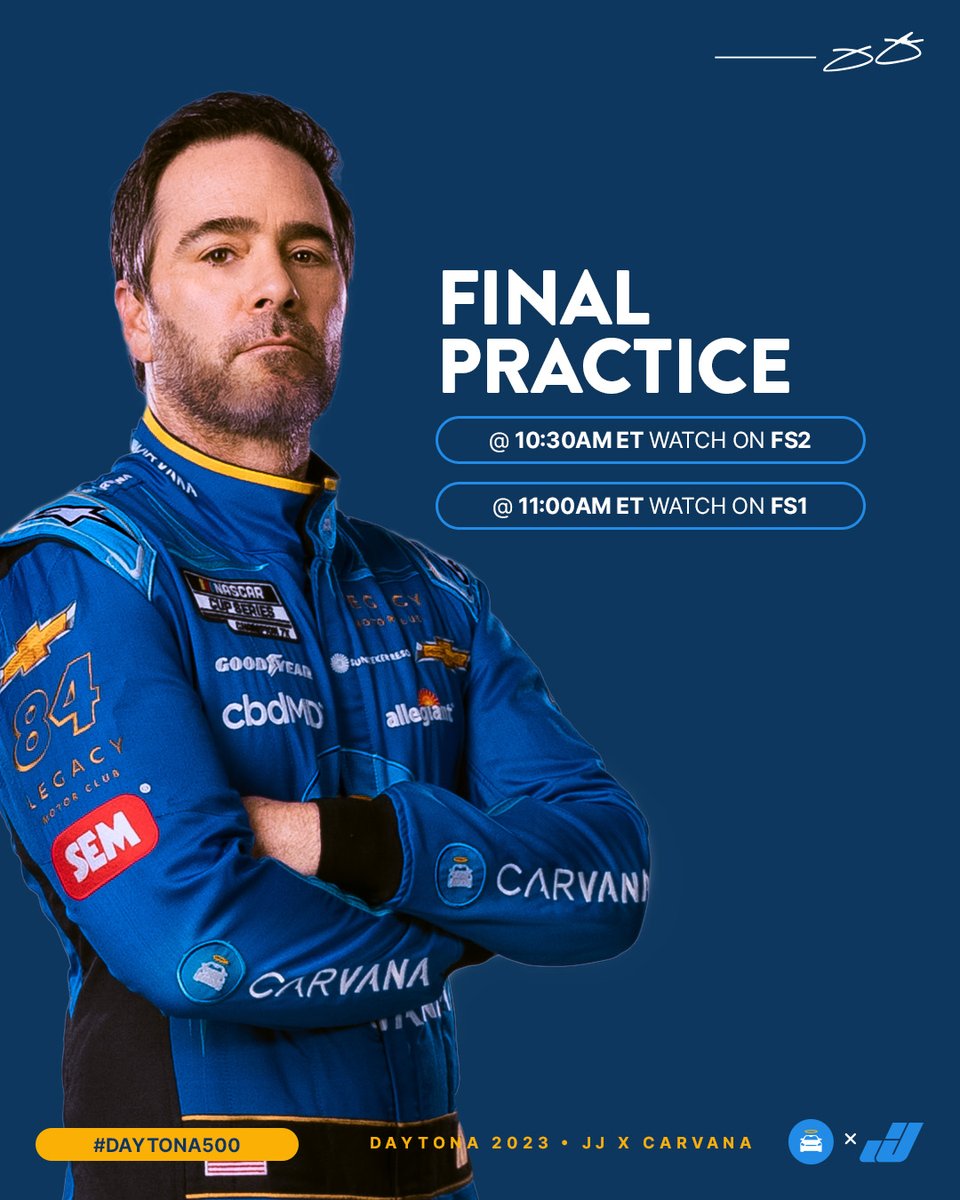 CarvanaRacing's tweet photo. Drivers, start your engines… race day’s almost here! Tune in to catch @jimmiejohnson ‘s final practice for the Daytona 500 #NASCAR #NoFinishLines #JimmieJohnson #DAYTONA500 @LegacyMotorclub @FOXSports https://t.co/KXpM8J9gIz