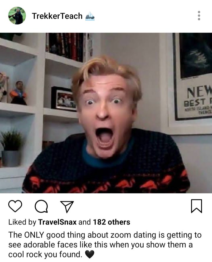 Ed's IG. Photo of Stede looking shocked to a computer camera. Caption reads "the ONLY good thing about zoom dating is getting to see adorable faces like this when you show them a cool rock you found" 