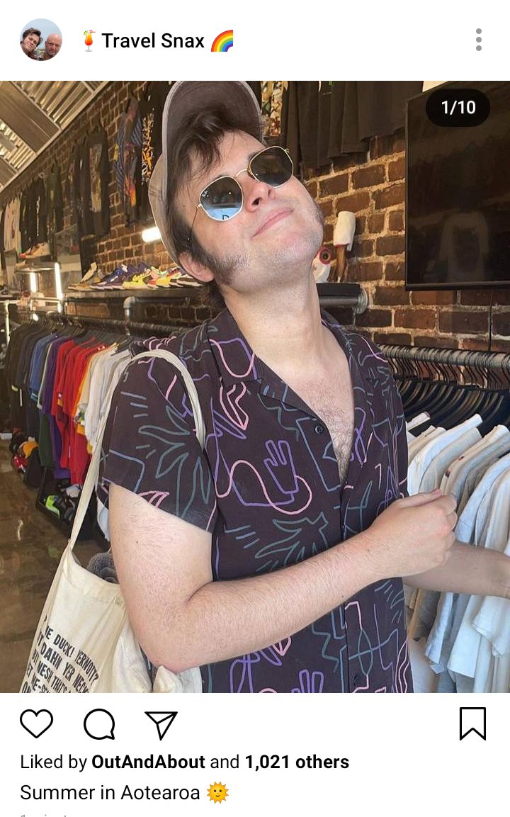 Lucius IG. Photo of Lucius shopping in a boutique, smiling for the camera. Caption reads "summer in Aotearoa" 