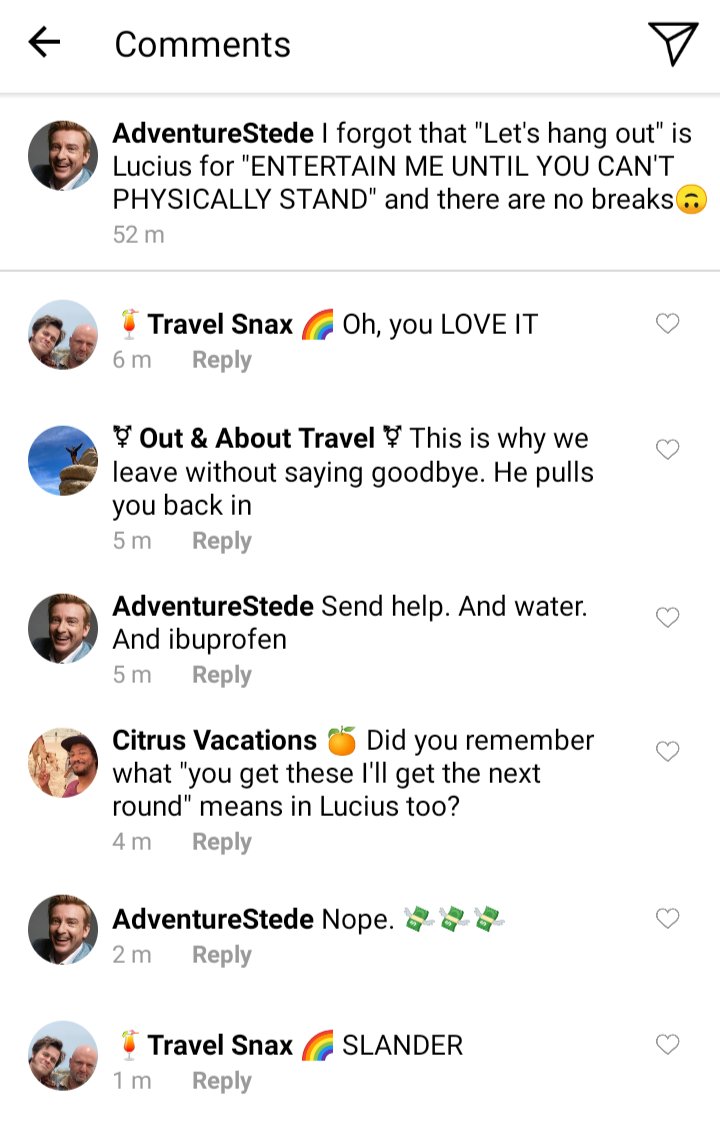 Stede's IG comments section.
Lucius: Oh you LOVE IT
Olu and Jim : this is why we leave without saying goodbye. He pulls you back in
Stede: Send help. And water. And ibuprofen.
Roach: did you remember what "you get these I'll get the next round" means in Lucius too?
Stede: nope 💸💸💸
Lucius: SLANDER 