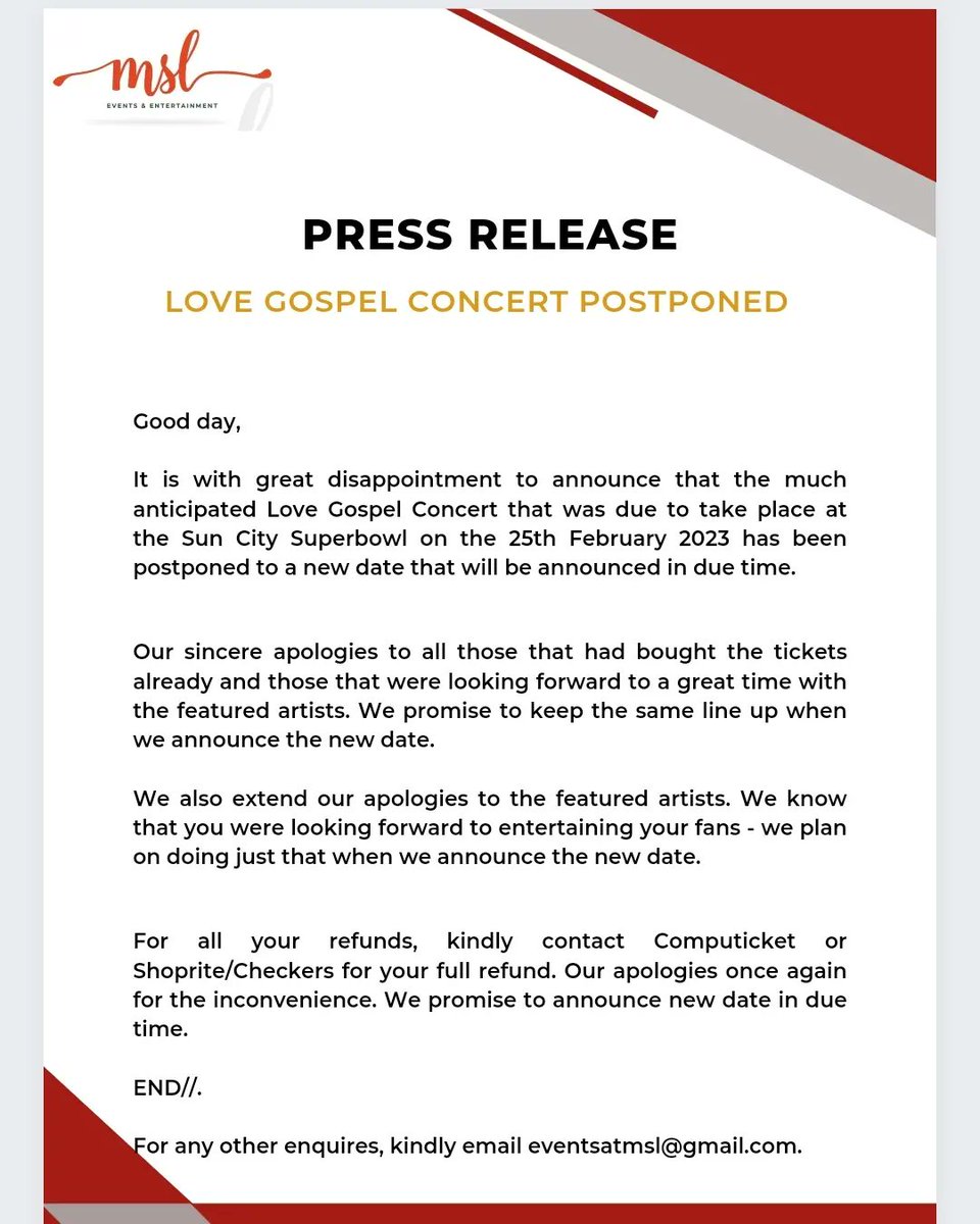 ttnradio's tweet photo. PRESS RELEASE - LOVE GOSPEL CONCERT POSTPONED
Please contact Computicket/Shoprite/Checkers for your full refund.
#LoveGospelConcert 
#TTNRADIO https://t.co/fTPd5WMtK3