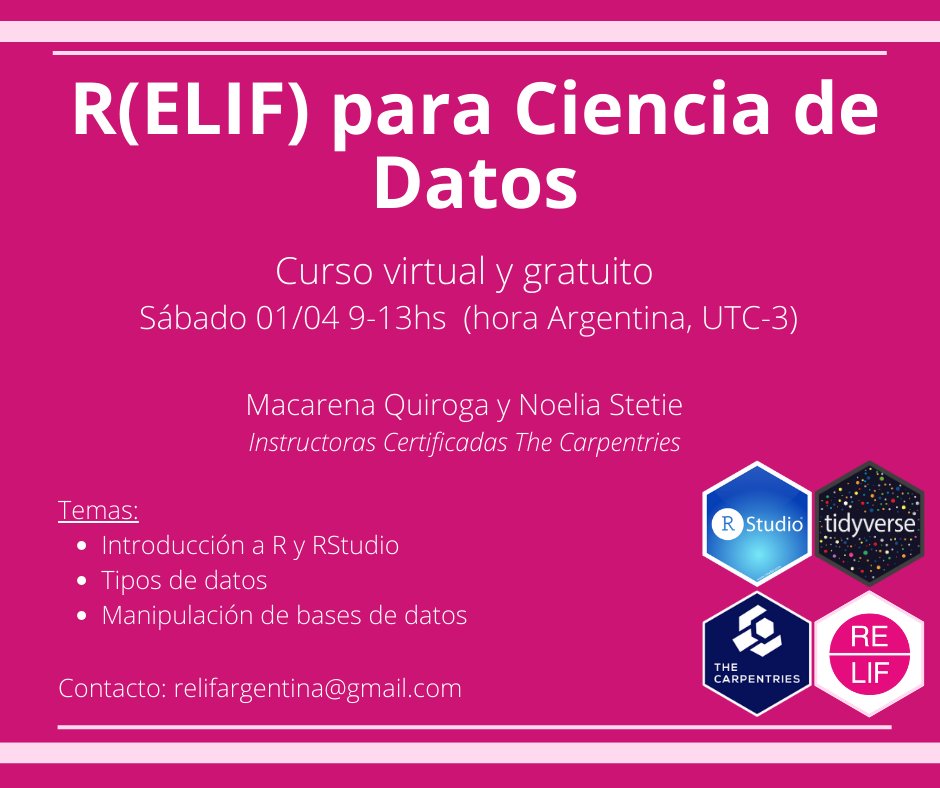 Macarena (@_msquiroga) on Twitter photo Estoy feliz de contarles que el sábado 01/04 vamos a dar junto con <a href="/NoeStetie/">Noelia Stetie</a> nuestro primer taller de R como instructoras certificadas de <a href="/thecarpentries/">The Carpentries (at @thecarpentries@hachyderm.io)</a> <a href="/datacarpentry/">Data Carpentry</a>. El taller es virtual y gratuito. Inscripciones aquí: ow.ly/MUpC50MW49f Estoy feliz de contarles que el sábado 01/04 vamos a dar junto con <a href="/NoeStetie/">Noelia Stetie</a> nuestro primer taller de R como instructoras certificadas de <a href="/thecarpentries/">The Carpentries (at @thecarpentries@hachyderm.io)</a> <a href="/datacarpentry/">Data Carpentry</a>. El taller es virtual y gratuito. Inscripciones aquí: ow.ly/MUpC50MW49f