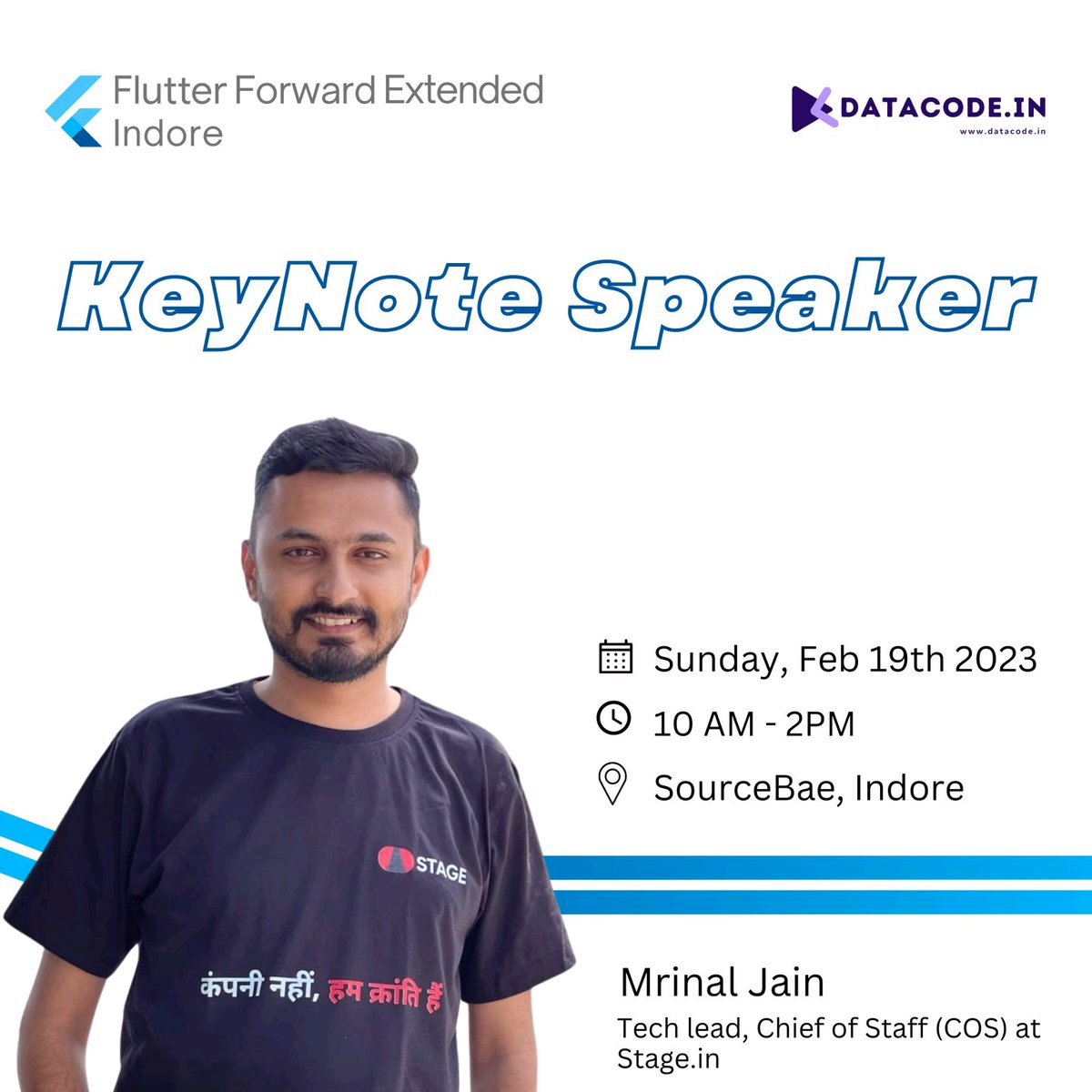 indoreflutter's tweet image. We're thrilled to announce that @mrinal_geek Mrinal Jain will be our guest speaker at Flutter Forward Extended Indore! 
He is an absolute expert in Flutter Tech - we're sure you won't want to miss out on this amazing opportunity.
#FlutterForwardExtendedIndore  #Flutter #datacode