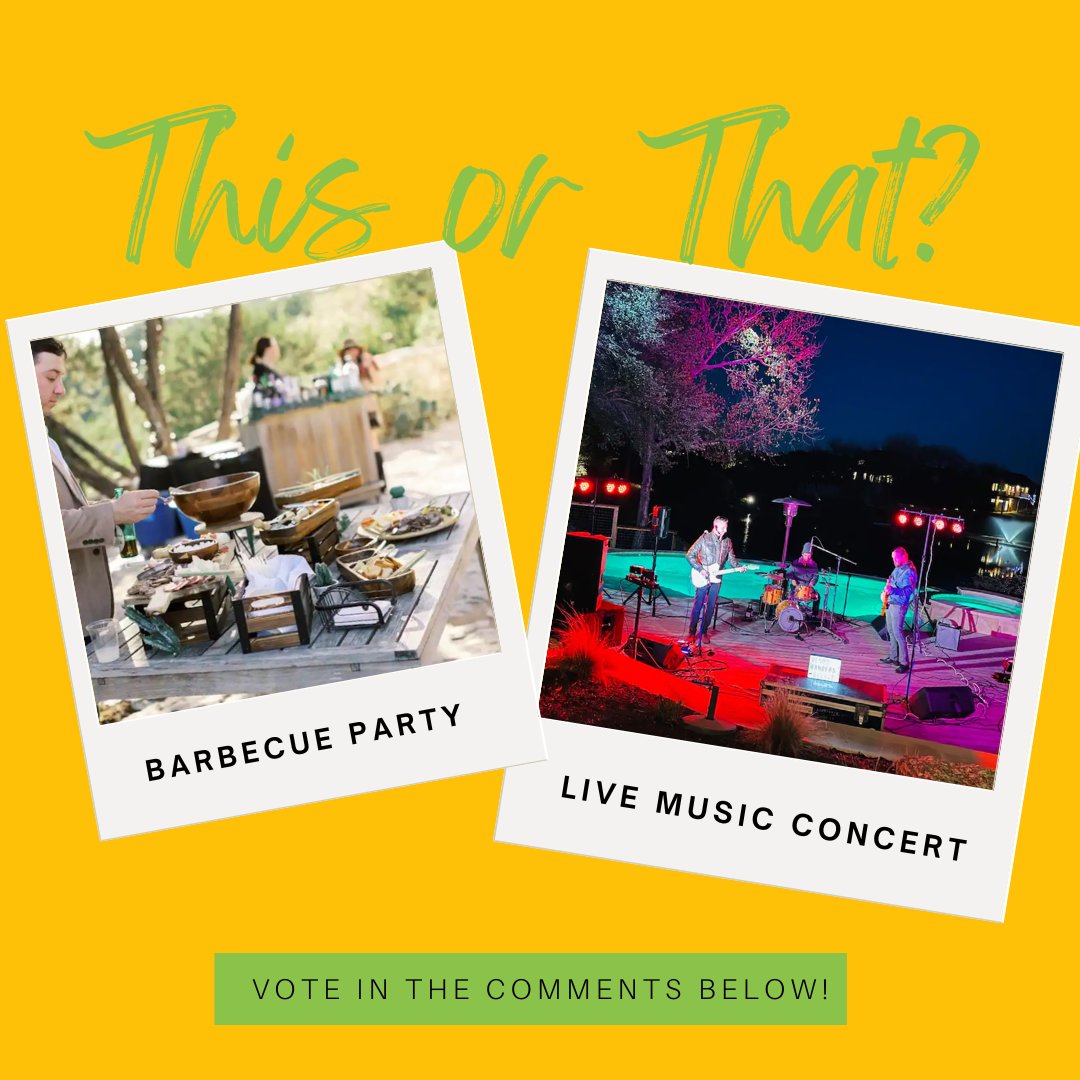 Which will you choose: a barbecue party or a live music concert? Join us for an unforgettable experience!

#companyretreat #teambuilding #offsite #austintx #events #teamouting #retreat #staycation #austinvenue #austin #texas #barbecue #livemusicconcert #livemusic