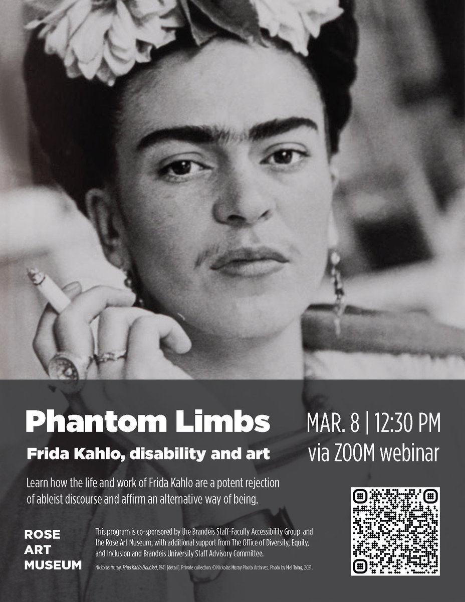 "Phantom Limbs: Frida Kahlo, art and disability." 
Talk by Gannit Ankori, chief curator of the 
<a href="/RoseArtMuseum/">Rose Art Museum</a> at <a href="/BrandeisU/">Brandeis University</a>, on Kahlo's life and work as opposition to #ableism.  
#Disability #FridaKahlo
brandeis.zoom.us/webinar/regist…
