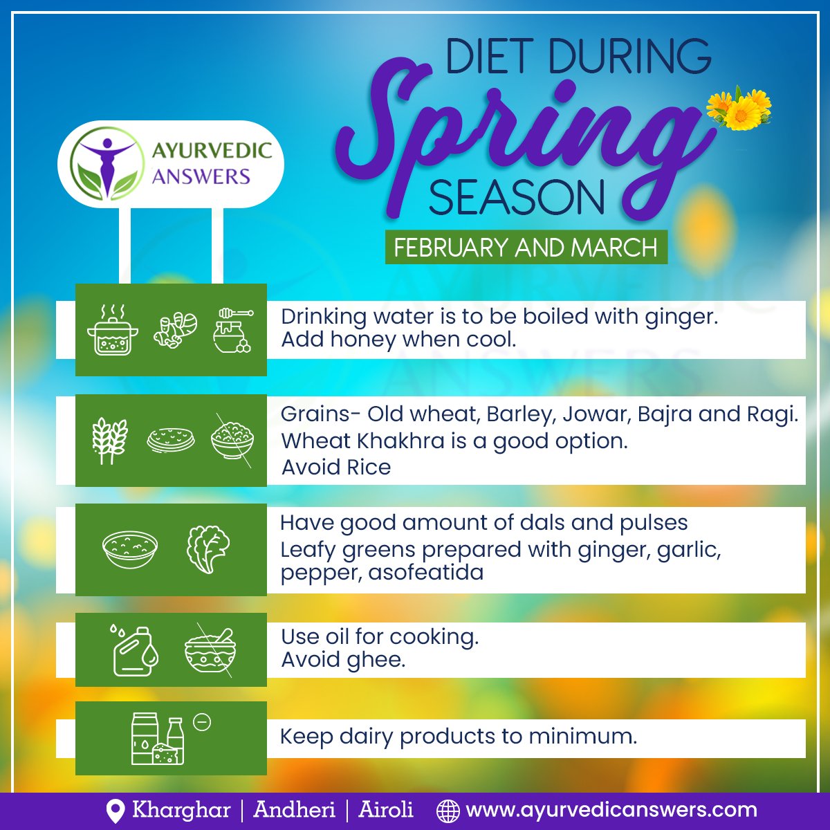 AyurAnswers's tweet photo. Learn from #Ayurveda the suitable #diet for each #season for better #health. 

Consult us to know more..
📞: +91 8369146662
📌: #Kharghar | #Andheri | #Airoli
🌐: https://t.co/JAdbuI3h00

#AyurvedicAnswers #DrHiralBhatt #springseason #seasonaldiet #springseasondiet #navimumbai https://t.co/W1XHannOZr