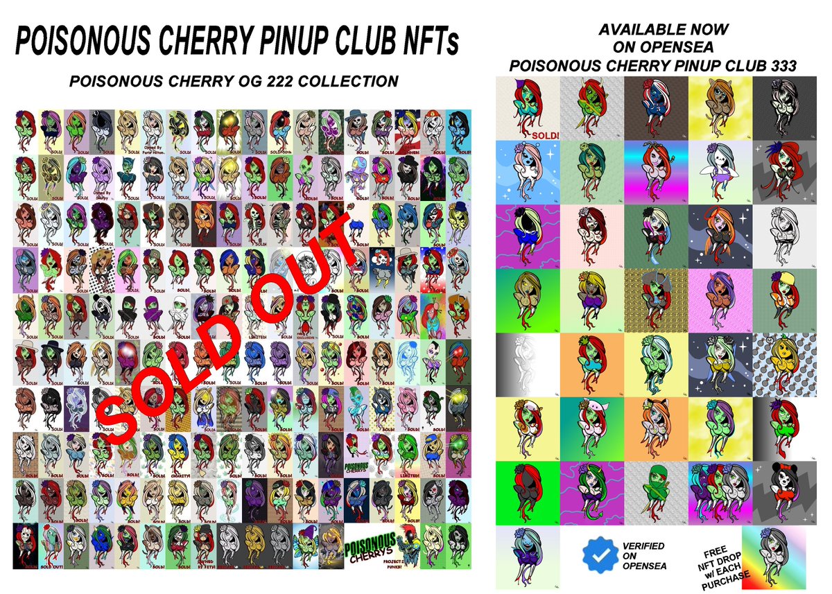 GM
If you haven't grabbed a #PoisonousCherryPinupClub #NFT then your late lol
Phase 2, 333 collection #NFTs slow minting currently on <a href="/opensea/">OpenSea</a> now 0% FEE for limited time! A 333 gets you airdrops, 10 free cherry bomb direct mint claim and membership pass! 
opensea.io/collection/poi…