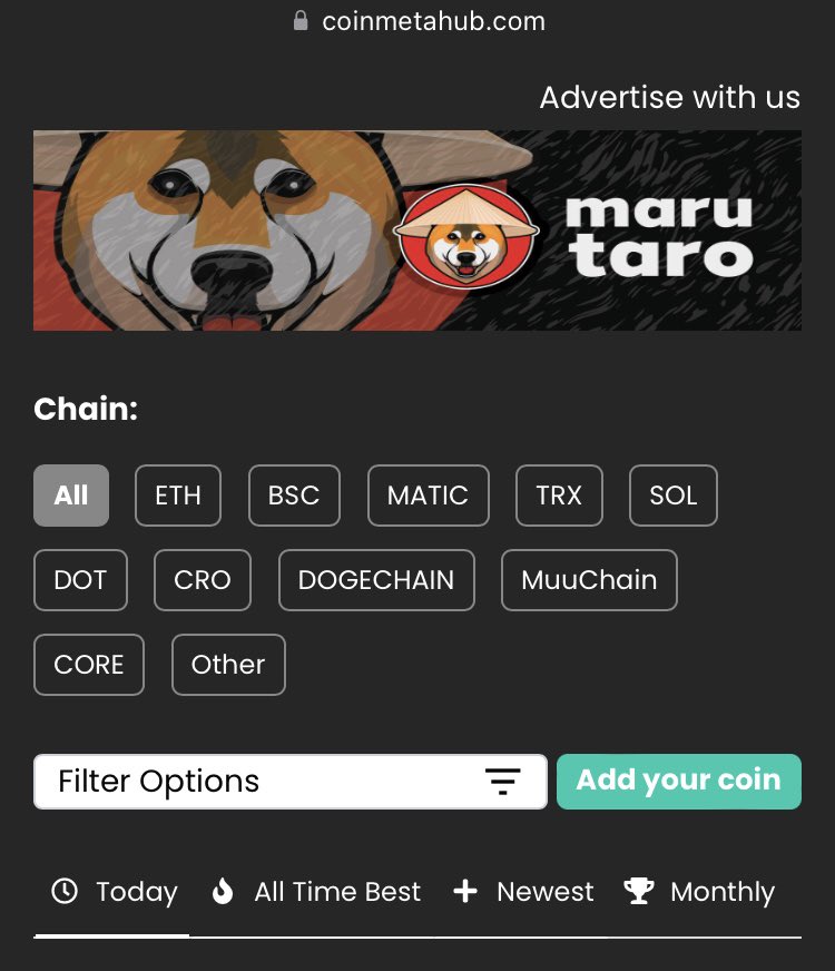 CoinMetaHub's tweet photo. Banner live for $MARU
@marutaroeth
Top voted token every month wins a free AMA with @WhaleCoinTalk and a 1-week SpaceX billboard!
#votetopromote #maru https://t.co/zqSaqUDarO