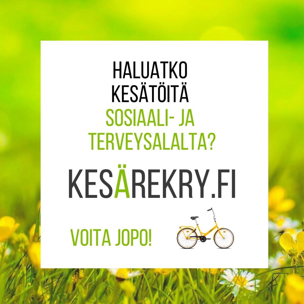 Amisrekry's tweet photo. Haluatko kesätöitä sosiaali- ja terveysalalta? Katso avoimet paikat https://t.co/eXlmjKsGMT!
https://t.co/LctyMt1Tt7

Voit myös pelata Kesärekrypeliä: https://t.co/cgtFOYxkqX

Psssst… kaikki kesätyöntekijöiden kesken arvotaan Jopo-polkupyörä! 🚴‍♂️

#kesärekry #kesätyö #sote https://t.co/vIIgyV0CA9