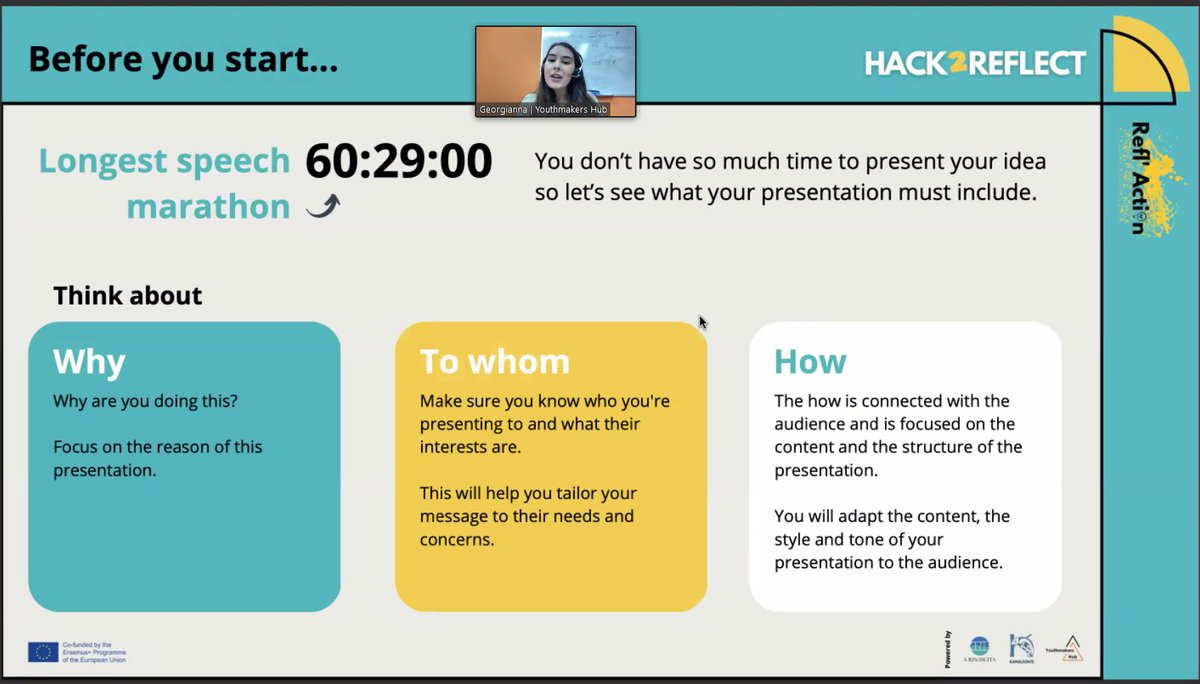 youthmakershub's tweet photo. The participants in Hack2Reflect | Refl’Action Online Hackathon are learning from the best!
@GChondrou from @youthmakershub is currently sharing invaluable insights on how to #pitch ideas & projects.
@CPIEARINASCITA @ASDKamaleonte
#Hack2Reflect #ReflAction #ErasmusPlus https://t.co/LRLlLz8srr