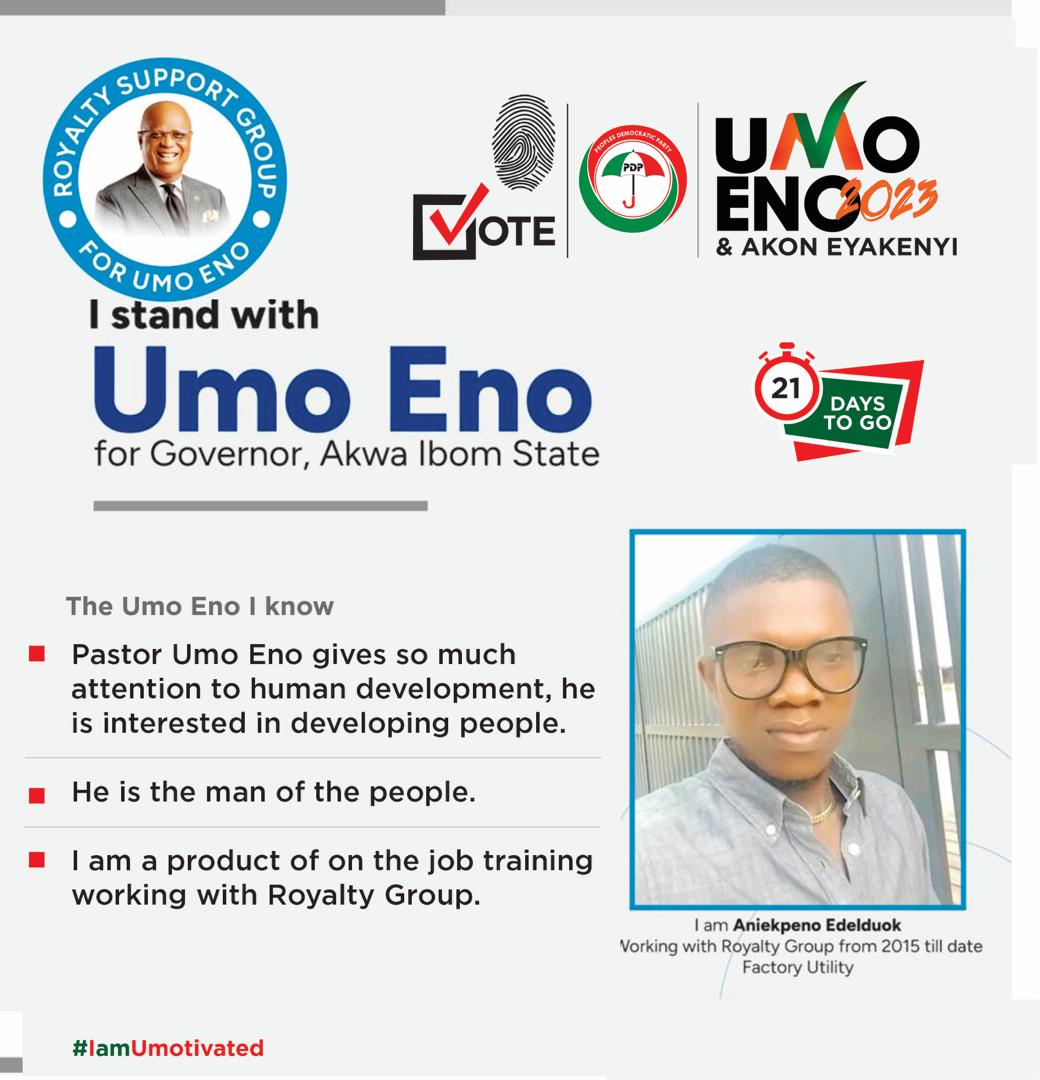 UmanaSaviour's tweet photo. β
The Umo Eno I know.
β
The Umo Eno you can trust.
Vote Umo Eno and PDP.
Akwa Ibom, ARISE.
Letβs move Forward together!
#umoenoforgovernor #umoeno4governor #akwaibomstate #iamumotivated #akwaibomarise #thatsameGod #ariseakwaibom Umo Eno is coming!
β
21 DAYS TO GO! https://t.co/B9pgrb92ps