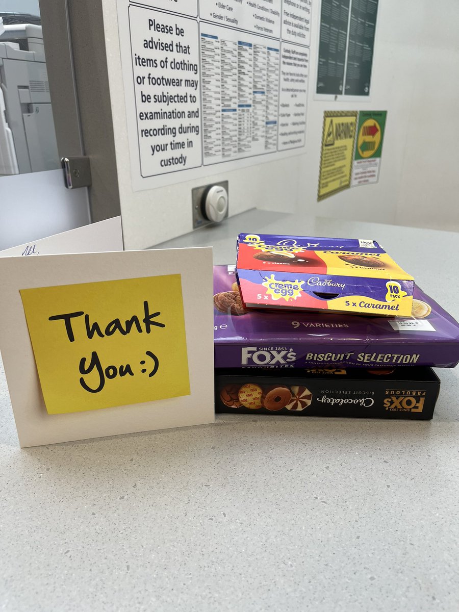 A person arrested earlier in the week has just left this for custody staff. They wanted to say thank you for the way they were treated whilst with us! @MelSimmonds3