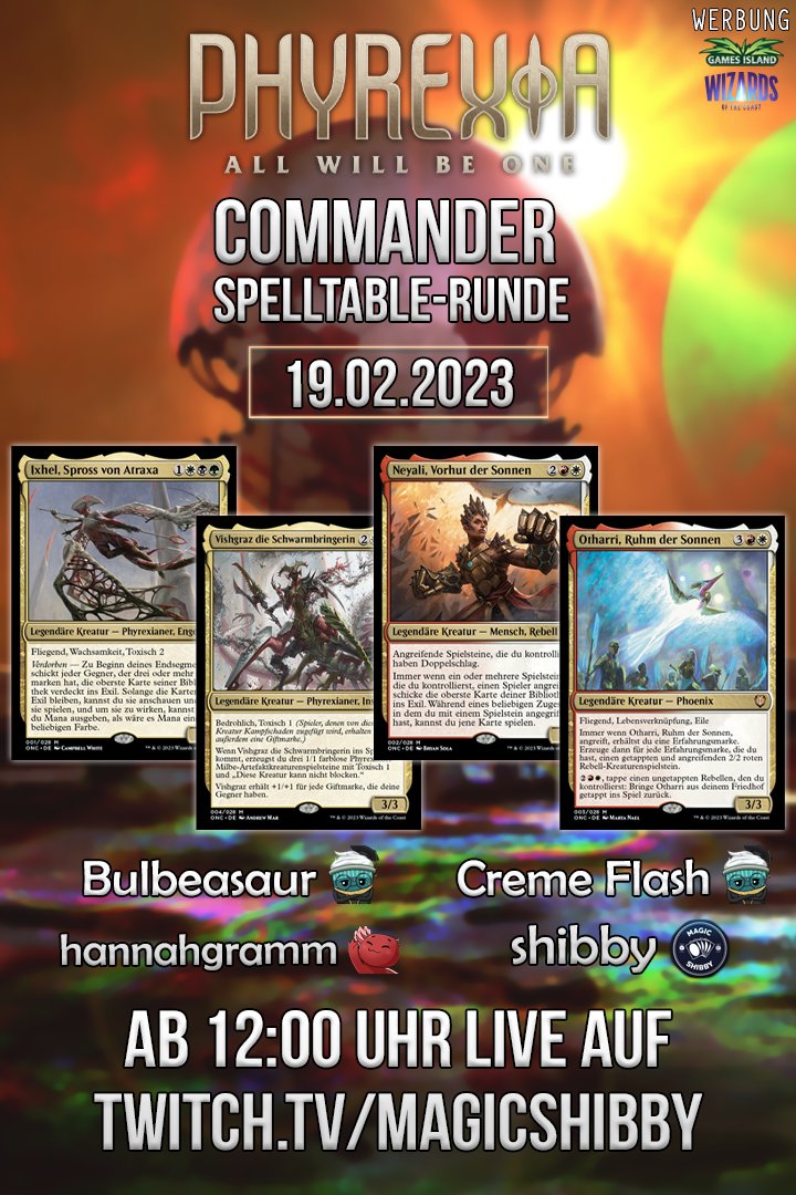 #Werbung 
Ich hoffe, ihr seid gut ins WE gestartet 🥳
Ich wollte euch noch mal zu unserer morgigen Commander-Runde mit games-island.eu und Wizards einladen. Ihr seid herzlich willkommen 😊