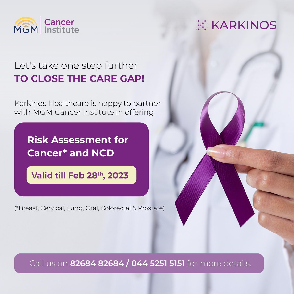 karkinoshealth's tweet photo. @karkinoshealth is pleased to partner with @MGMHealthcare Cancer Institute in offering #RiskAssessment for 6 common cancers - breast, cervical, lung, colorectal, oral & prostrate.
#WorldCancerDay #Cancercare #CancerAwareness #RegularScreening #EarlyDetectionSavesLives https://t.co/uFOkk7eNJv