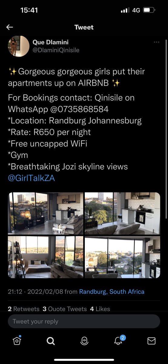 Elwarh's tweet photo. She’s a AirBnB host in a few provinces. 

Apparently this is something she does : leaving people stranded with no alternative plans bc she got a booking that pays more. 

Here are a few of her apartments and her business page 🤝🏾 https://t.co/ENvU2XSkXg
