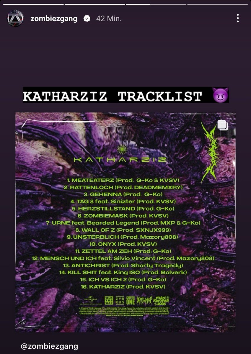 ZombieGiftGreen's tweet photo. Die Tracklist zu 

@zombiezgang - Katharziz Album 

Sehr Starke Untote Tracks 🧟‍♂️

#Zombiez #Katharziz #Album #Mukke #ZG 
#Bodybag #MaskenBox #Untot #Tracklist https://t.co/4YU8RbxrrJ