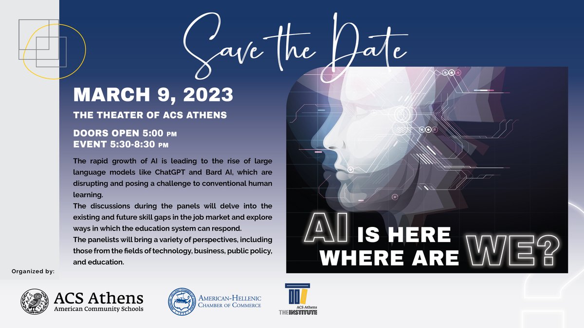 John Papadakis (@yannisp) on Twitter photo Definitely save the date!! <a href="/acsathens/">ACS Athens (American Community Schools of Athens)</a> and <a href="/AmChamGr/">AmCham Greece</a> get together to examine the present and project to the future of #AI in #education #business #shipping #technology and #publicpolicy Definitely save the date!! <a href="/acsathens/">ACS Athens (American Community Schools of Athens)</a> and <a href="/AmChamGr/">AmCham Greece</a> get together to examine the present and project to the future of #AI in #education #business #shipping #technology and #publicpolicy