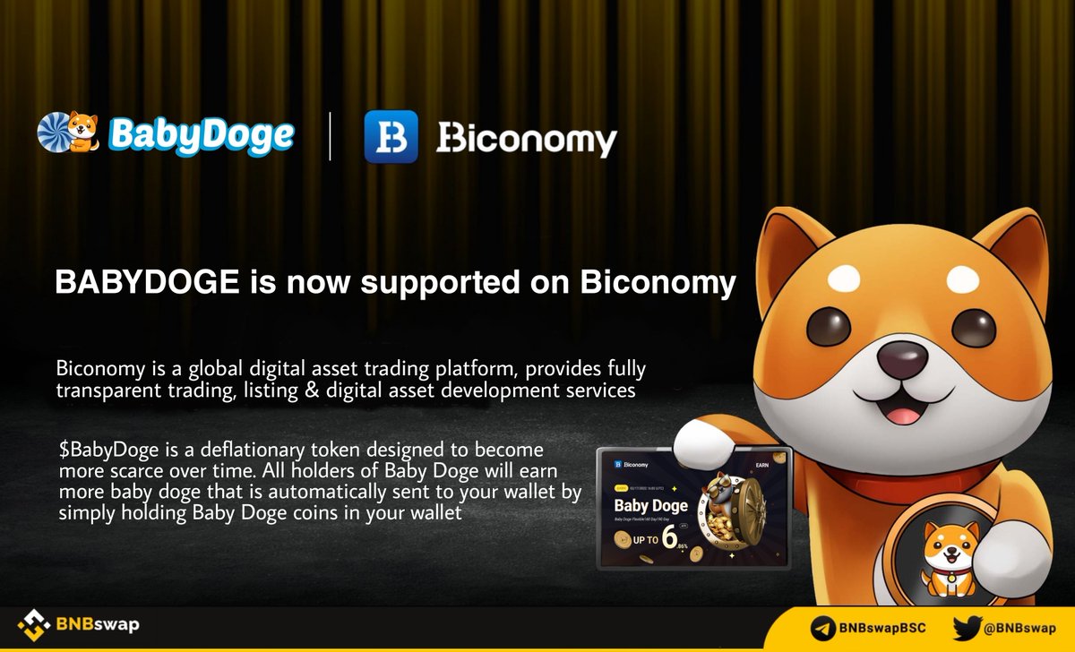 BNBSwap's tweet photo. 📢 @babydoge $BABYDOGE is now supported on @BiconomyCom!

#BabyDoge is a deflationary token designed to become more scarce over time

#Biconomy is a global digital asset trading platform, provides fully transparent trading, listing&amp; digital asset development services

#Crypto https://t.co/o7lrU3Zwpf