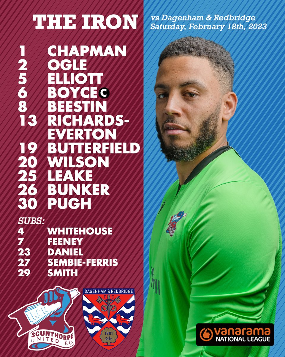 SUFCOfficial's tweet photo. 📋 Here's the Iron's team to take on Dagenham &amp; Redbridge at Glanford Park this afternoon (3pm kick-off).

#UTI #IRON https://t.co/baMoIwNfPC