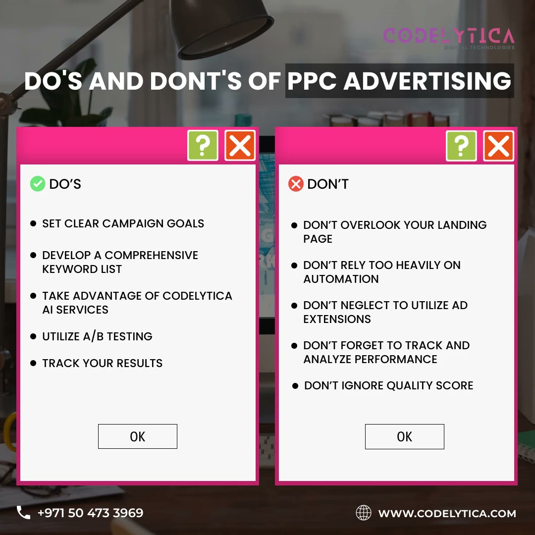 codelytica's tweet image. Make sure your PPC campaigns are tuned for success. Here are some do&apos;s and don&apos;ts to get you started - use Codelytica&apos;s AI services, and don&apos;t forget to track and analyze your performance for the best results. 

#websitedeveloper #codelyticaservices #codelyticaai