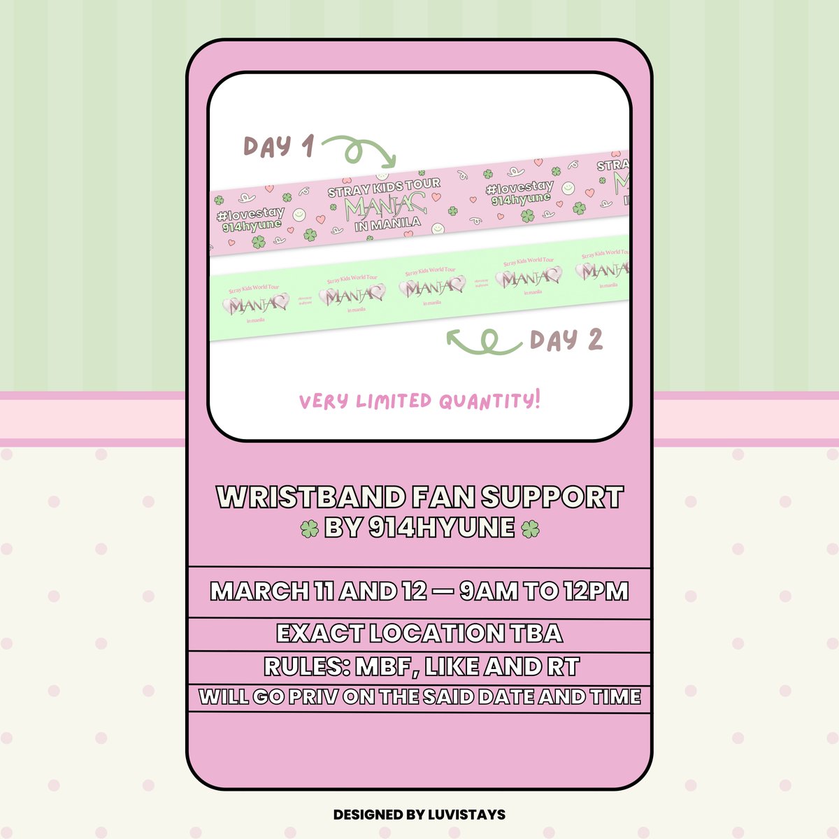 🎀  —  STRAY KIDS WRIST STRAP 
.  .  .  .   a fan support by  <a href="/914hyune/">rica ୨ৎ</a> 

🩰 march 11 &amp; 12 2023
💭 9 am to 12 pm
📍 exact loc tba

🫧 like , rt and mbf
🧴 vv limited qty but open for donations

#MANIAC_IN_MANILA #MANIACinMNL #SKZinManila2023 #SKZinMNL2023