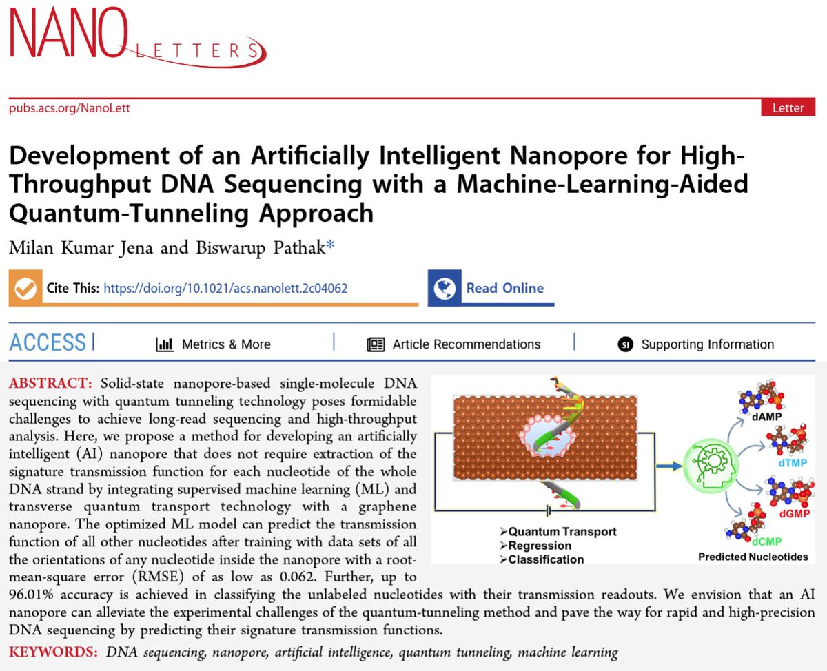 Excited to share, our #nanopore work is just published in @NanoLetters !! We propose a new strategy to develop an artificially intelligent (#AI) nanopore with machine learning (#ML) and the quantum transport approach. #nanotechnology #DNAsquencing doi.org/10.1021/acs.na…