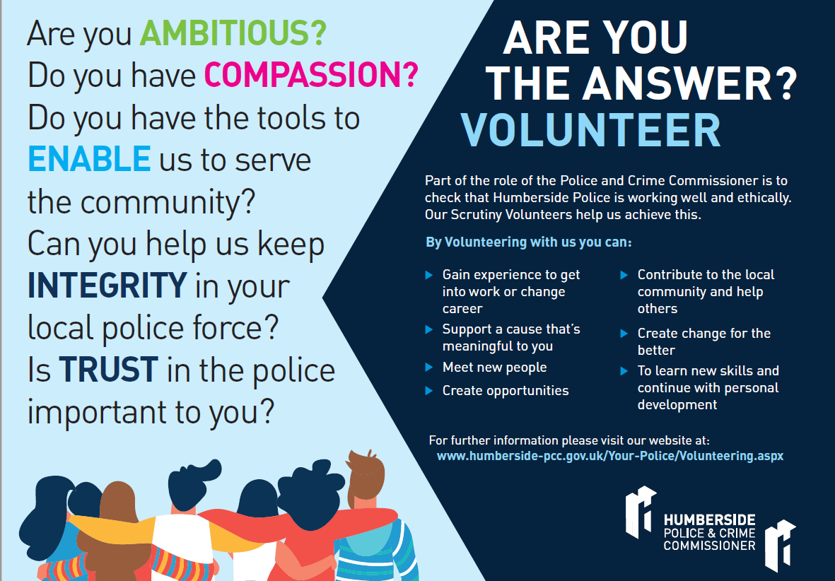 HumbersidePCC's tweet photo. We currently have several Volunteer roles in our office to help us scrutinise the work of Humberside Police. These include Independent Custody Visitors, reviewing Use of Force and response to Hate Crimes. Applications close 24th Feb. For more info visit https://t.co/P564zTpty9 https://t.co/8nkxfGXodJ