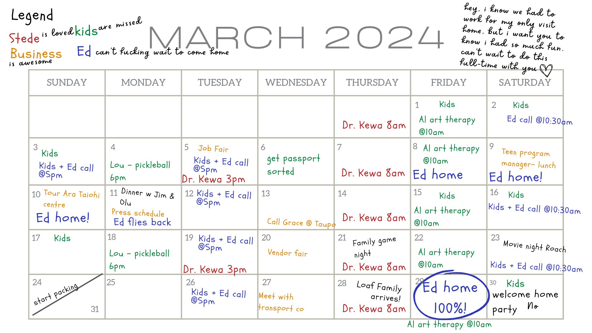 March calendar. Doodles from Ed are back, reading "hey, I know we had to work for my only visit home. But I want you to know, I had so much fun. I can't wait to do this full time with you."
Stede is seeing kewa twice a week but a little less in the month. Alma is in art therapy, Lou is taking pickleball. Stede has arranged meetings for Ed's visit home  from the 8th-11th, and has calls and meetings throughout the month along with movie nights, game nights. The Loaf Family arrives on the 28th. Ed is back for good on the 29th. There is a welcome home party on the 30th (Ed says no) 