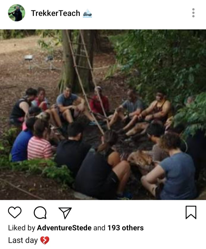 Ed's IG. Photo of group sitting in a circle in the woods. Caption reads "Last day 💔" 