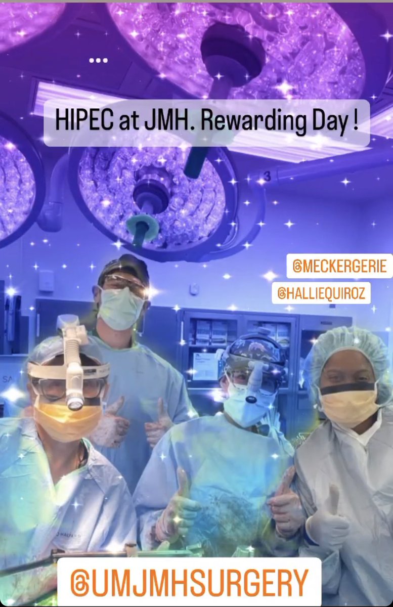 MeckerMollerMD's tweet photo. What a joyful day ! RO CRS +HIPEC, Operating with a gifted chief surgery resident, a great scrub tech and star medical student. Let’s treasure these moments!  #mylasthipecatjmh @halliequirozmd @UMJMHSurgery @univmiami https://t.co/ZqVDRa33Kd