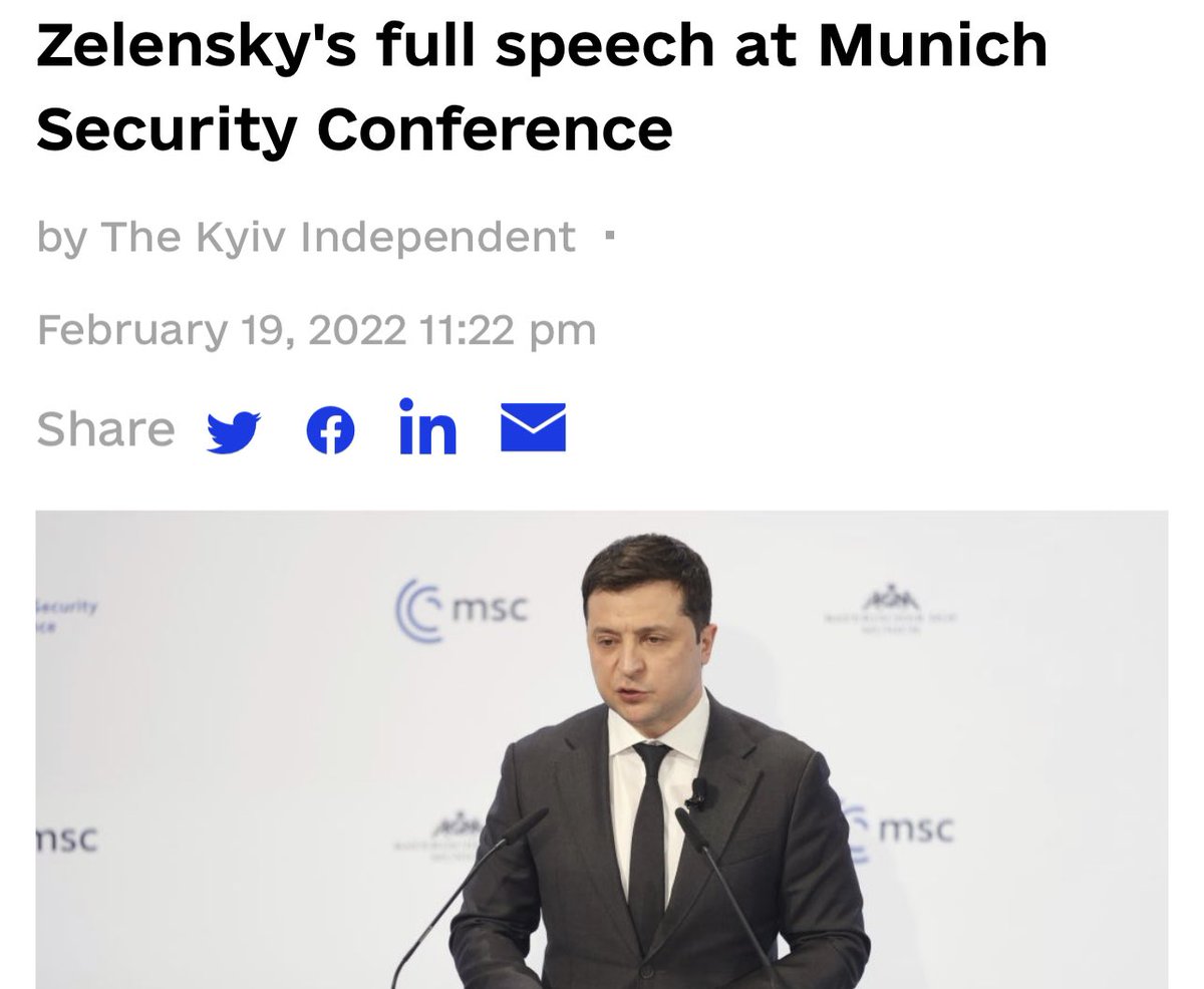 Kanthan2030's tweet photo. Flashback: One year ago, at 2022 Munich Security Conference, Zelensky spoke. His talk was the catalyst for Russia’s invasion. Why?

Zelensky spoke about:

🔹Ukraine joining NATO
🔹Ukraine having nuclear weapons 
🔹Taking back Crimea
🔹Supply of latest weapons

Major provocation! https://t.co/B4jCmJEM0w