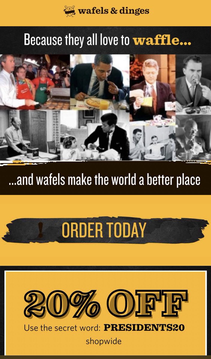 #PresidentsDay WheeeeKend
<a href="/Wafelsanddinges/">Wafels & Dinges</a> 🧇☕️
20% off shop WORLDWIDE 
code: PRESIDENTS20
