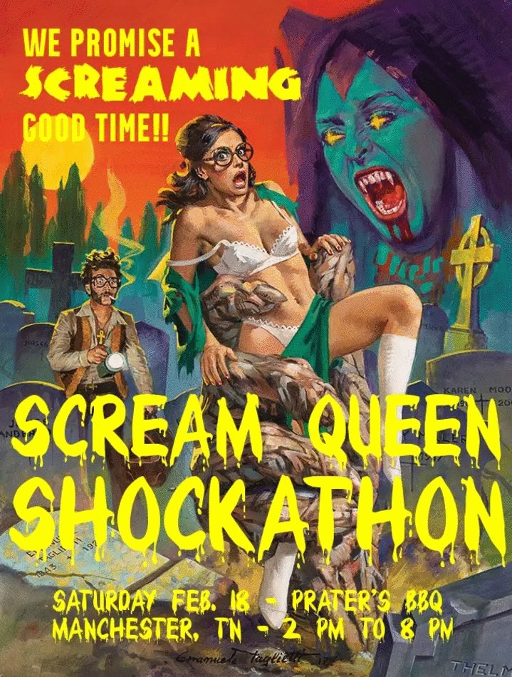 Today! We are headed to Manchester, Tennessee for the Scream Queen Shockathon! Meet filmmakers & scream queens from 2-8 TODAY! #horror #cultclassics #screamqueen