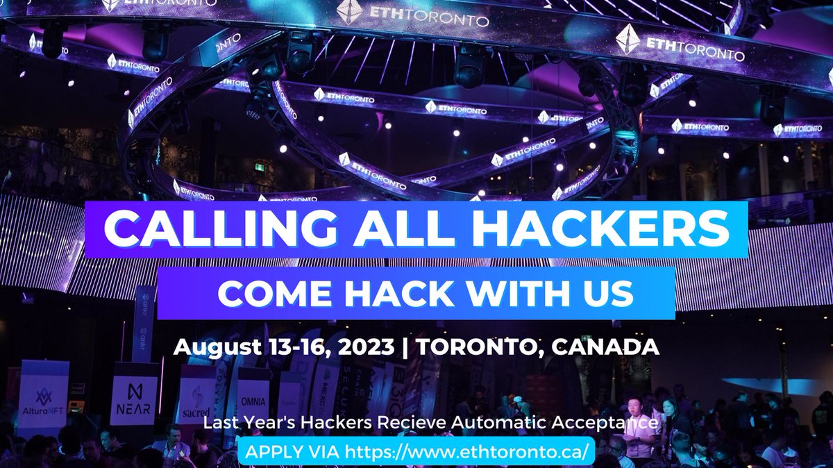 📣 ATTN ALL HACKERS 📣 

Applications are now open for <a href="/ETH_Toronto/">ETHToronto</a> Hackathon August 13-16 2023!  All hackers from last year automatically get in ✅ 

Apply now for free 👇
ethtoronto.ca