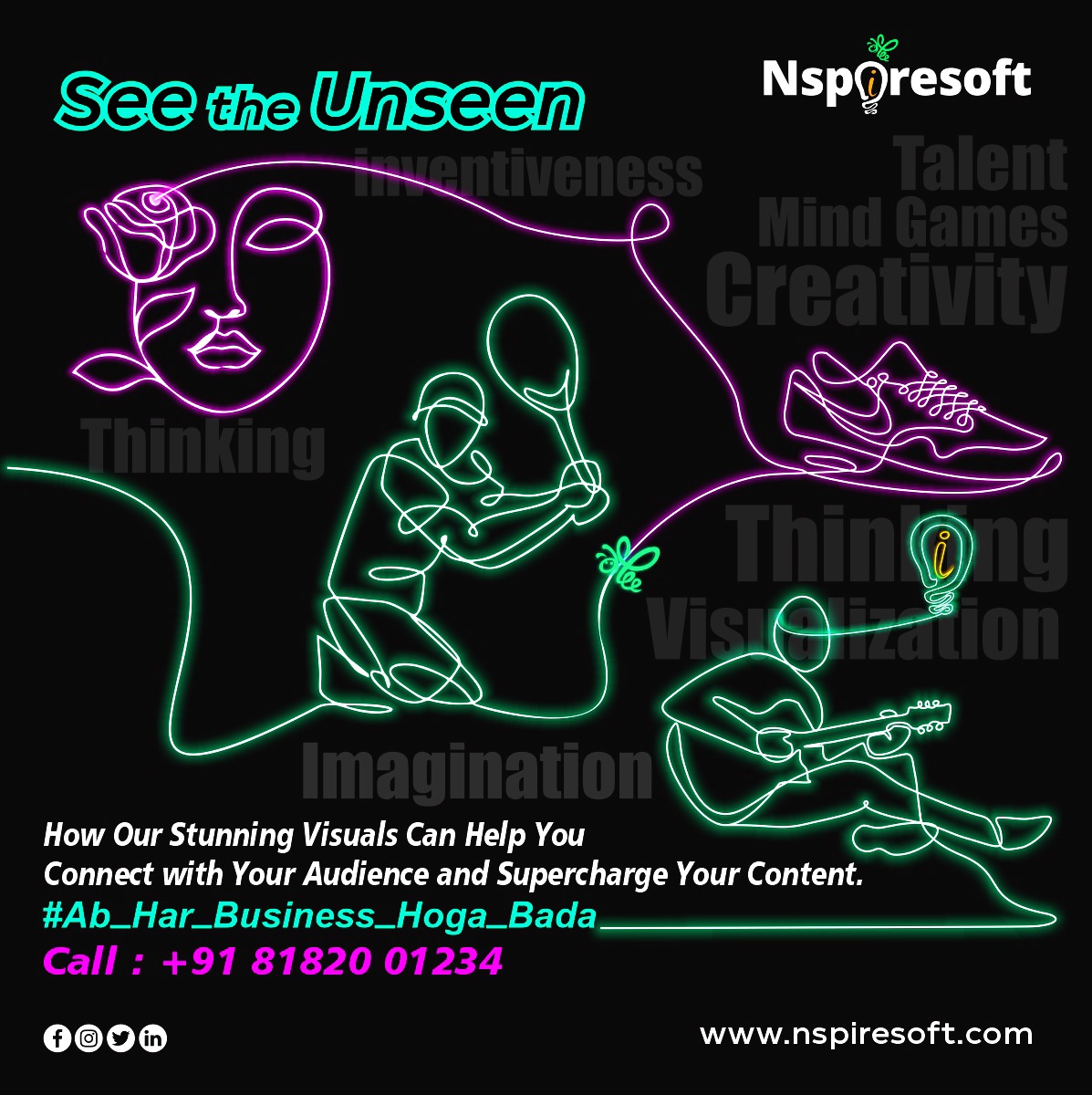 nspiresoft's tweet photo. We take your content to new heights with visuals that breathe life into your message and craft a narrative that resonates with your #audience and leaves them feeling inspired. 
#Ab_Har_Business_Hoga_Bada
#Nspired #StayAhead #SeeTheUnseen
 #BusinessIdeas #business #viral #branding https://t.co/SnaVCZmQoV