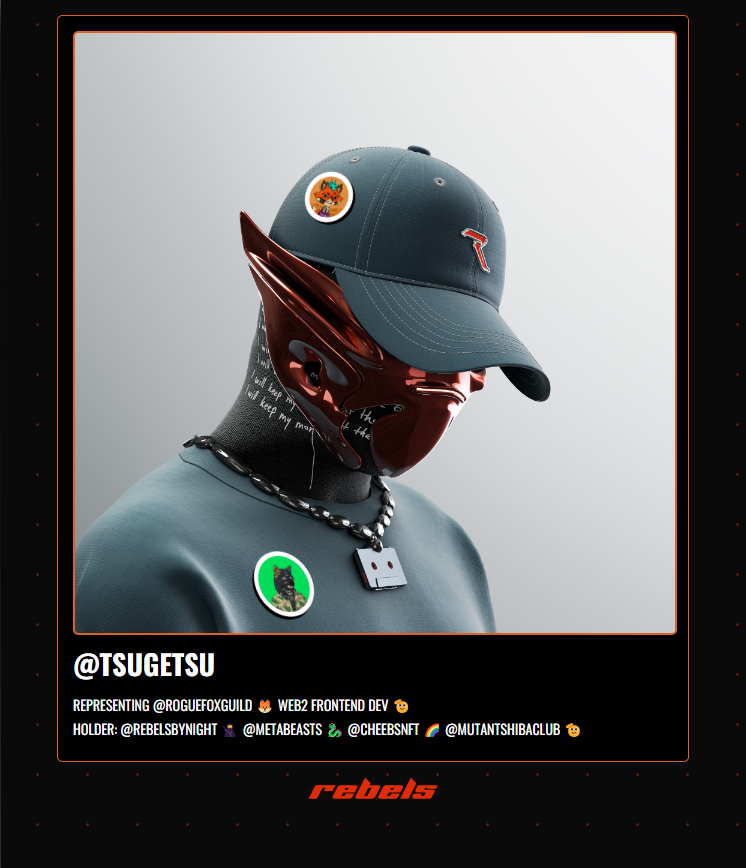 tsugetsu's tweet photo. Putting together a little something to showcase my fav @rebelsbynight #nft 🫡

Also featuring #nfts from @MutantShibaClub &amp; @roguefoxguild 💙

#nftfam #web2 #FrontEnd #nftcollection https://t.co/EfM00biUEI