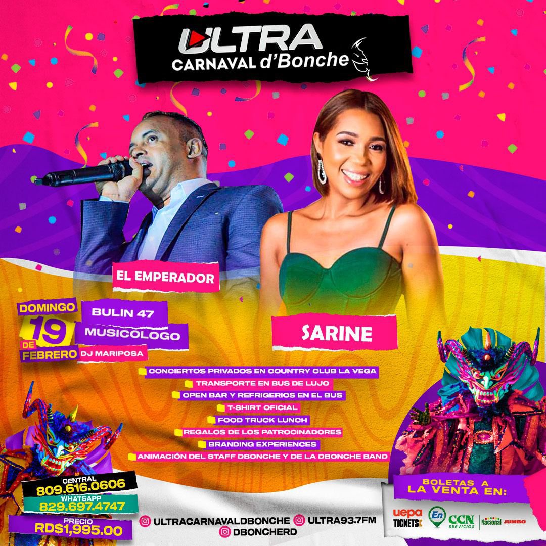 En nuestra cita mañana también nos acompañan <a href="/sarinefeliz/">Sarine Feliz</a> y @elemperadorrd Presentadores ultra a disfrutar de  #UltraCarnavaldBonche 🔥 ¡No dejes que te lo cuenten! 😎 @ultracarnavaldbonche #CarnavaldBonche #UltraCarnavaldbonche #dBoncheAcaboconto #CarnavalVegano23