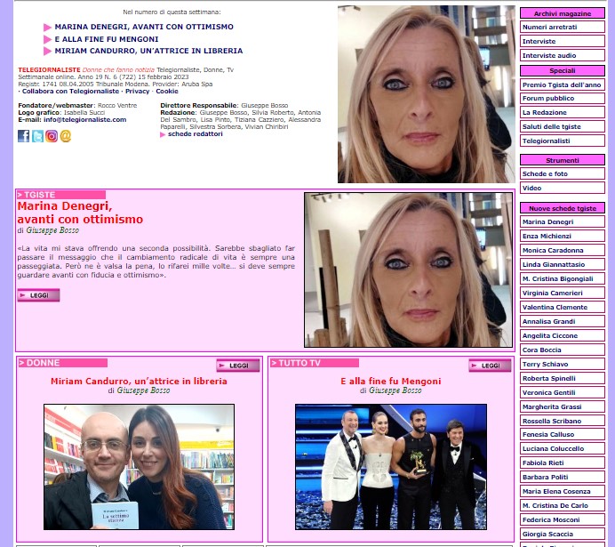 Online il numero 722 di #Telegiornaliste #donnechefannonotizia. In copertina: #MarinaDenegri #MiriamCandurro #Sanremo telegiornaliste.com
