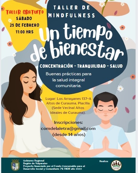 ComunidadLetra's tweet photo. El sábado 25 de febrero iniciaremos un taller de Mindfulness en Placilla de Peñuelas. Es completamente gratuito.

Inscripciones en comdelaletra@gmail.com https://t.co/wWeiEp4OZ1