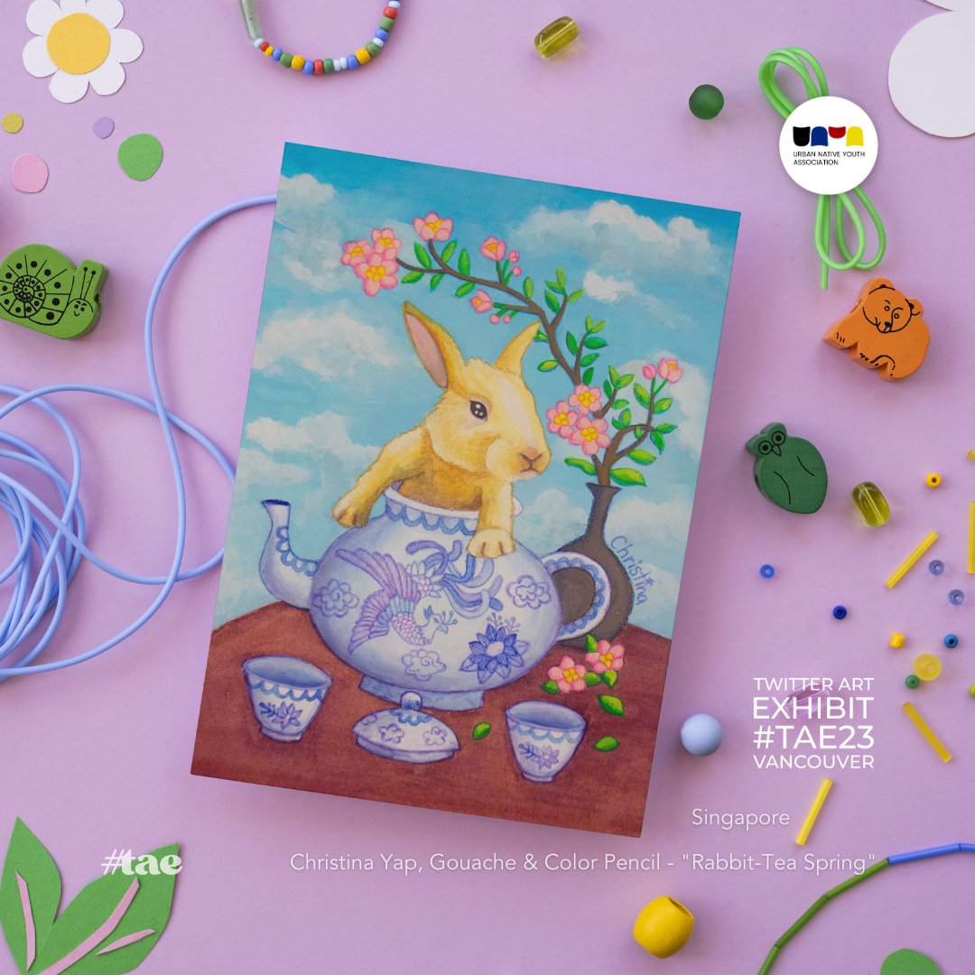 "Rabbit-Tea Spring", by Christina Yap from Singapore. Thank you, for your precious Gouache &amp; Color Pencil artwork. Christina is donating this art card as a contribution for #TAE23 art fundraiser for <a href="/unyayouth/">Urban Native Youth Association (UNYA)</a>. #vancouverbc #twitterartexhibit #indigenous #giving #artforacause