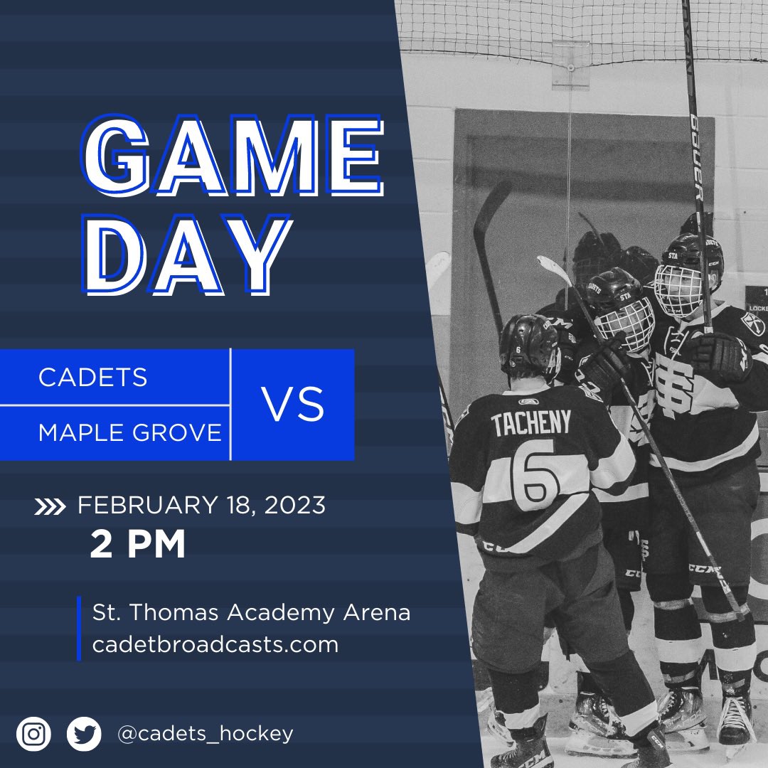 Cadets_hockey's tweet photo. It’s GAME DAY!!! The last game of the regular season is today at 2pm vs Maple Grove. Come to the rink to cheer for the boys or watch live on https://t.co/YKMMrKDOXI! #GoCadets #CadetFamily #CadetForLife #AllThingsSTA #CadetBroadcasts 📷@734_visuals https://t.co/XhXqxXPJQU