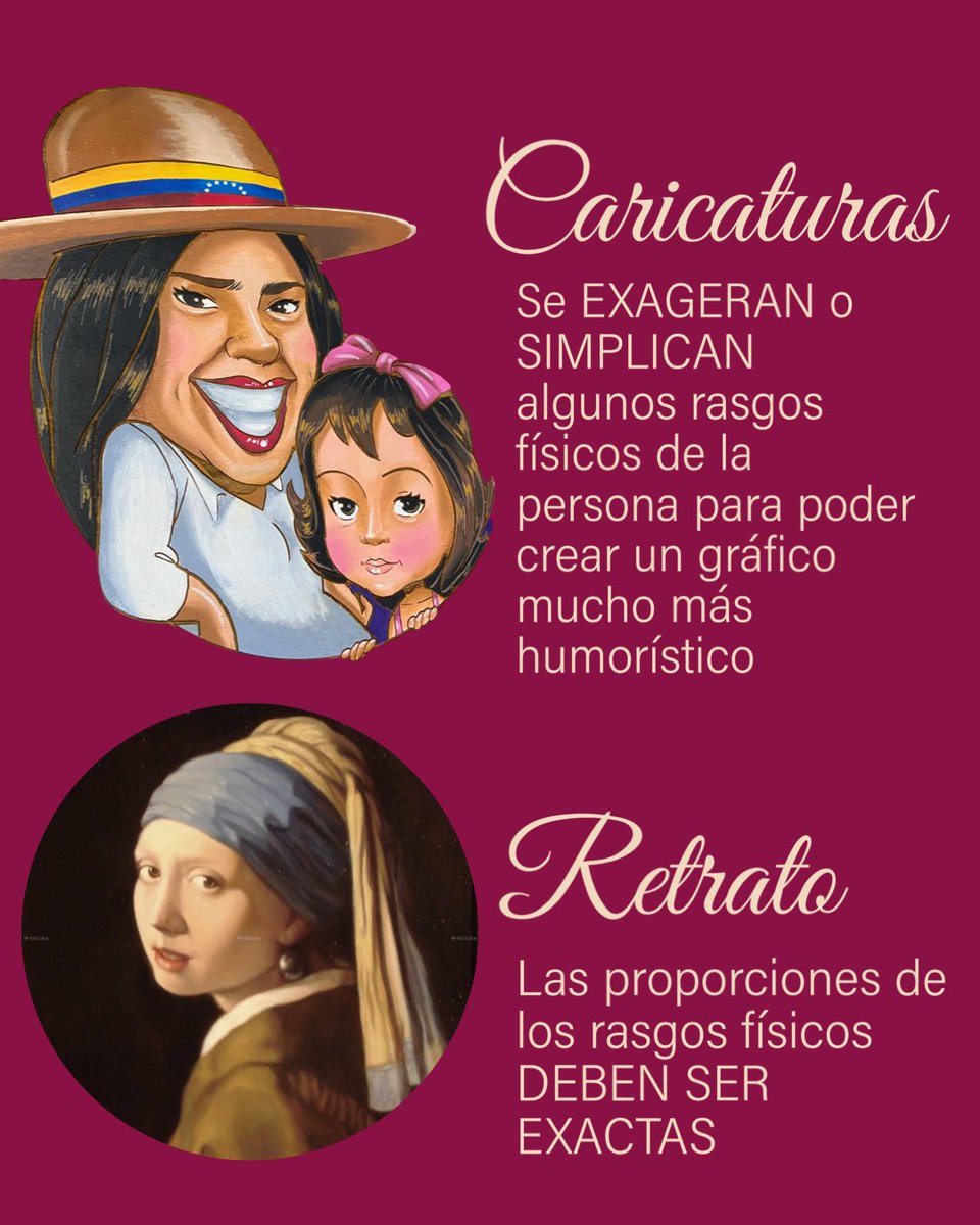 Básicamente la diferencia principal es que con la #caricatura exageran o simplifican rasgos y con el #retrato se hacen exactos. 

El tiempo que conlleva pintar un retrato es mucho mayor que el crear una caricatura y por ende, son más costosos

#pintadoamano #caricaturavsretratos