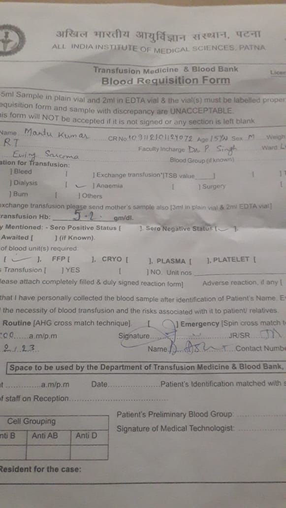 Urgent Blood Requirement Patient: Mantu Kumar Age: 15 Blood Group:AB- Negative Units:4 units Problem: Blood cancer Hospital:AIIMS Patna Attendant:7643928199 BharatWelfareFoundation @ParulAggarwal04 @BloodDonorsIn @BloodAid