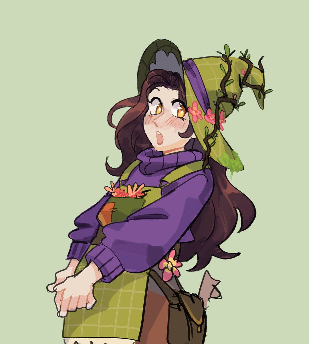 1girl solo hat long hair sweater brown hair flower  illustration images